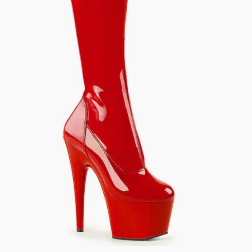 Pleaser Adore-3000 Red Patent Thigh High Platform Heels